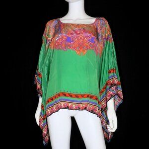 Sundance Sunrise Silky Green Caftan Poncho Top Handkerchief Hem Women's One Size